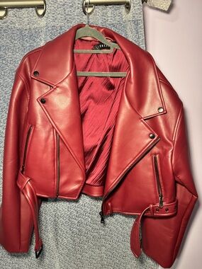 Lioness Red Faux Leather Moto Jacket with Belted Hem